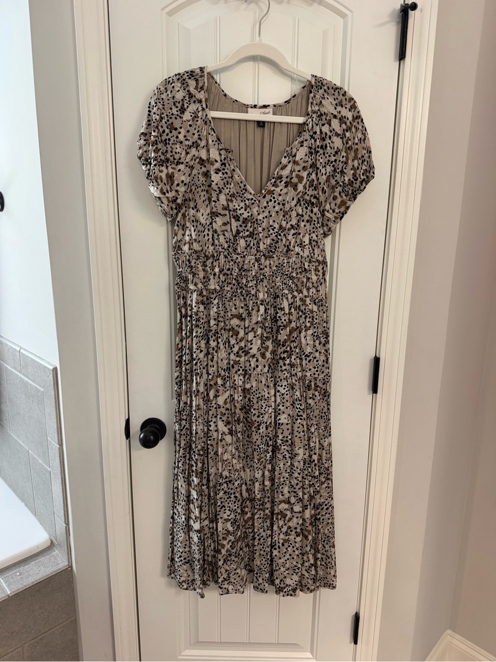 Beige and Black Printed V-Neck Women's Dress